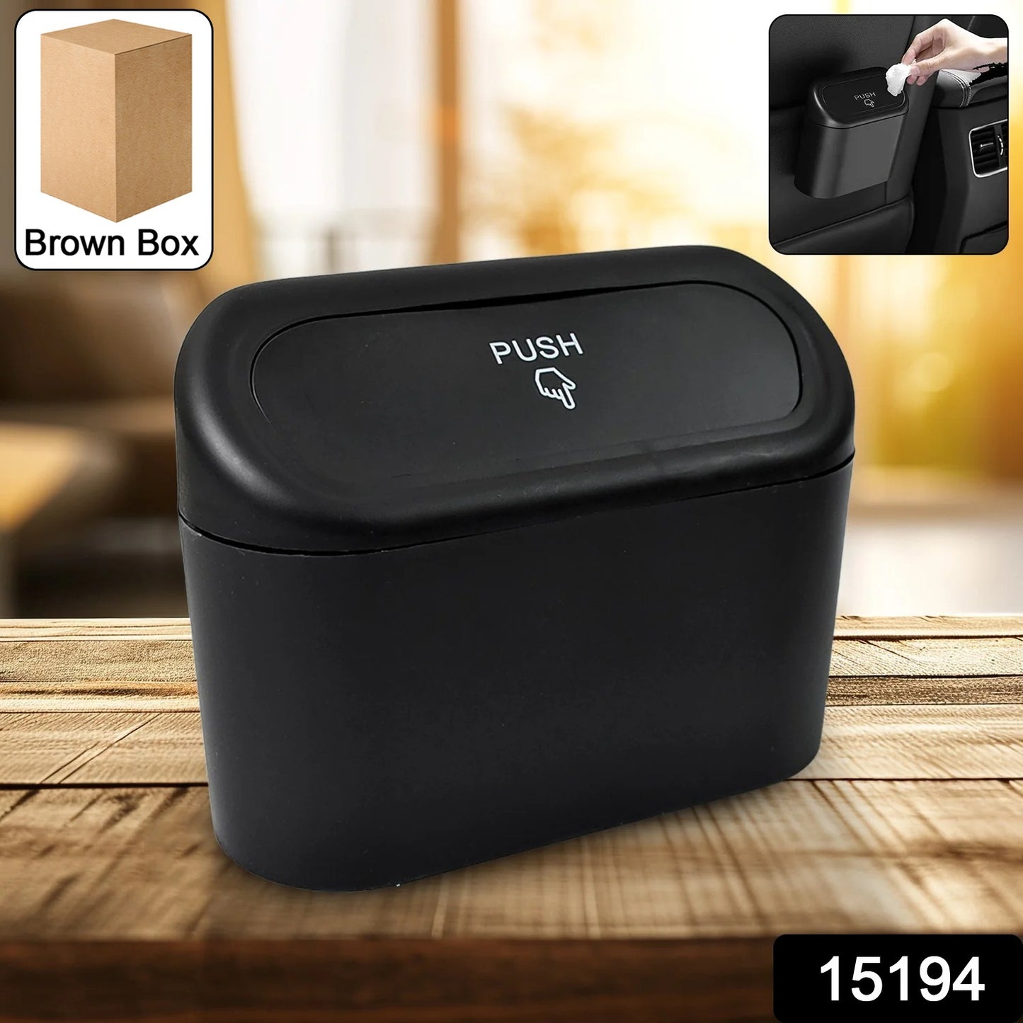 Plastic Mini Car Trash Can Bin With Lid (1 Pc With Brown Box)