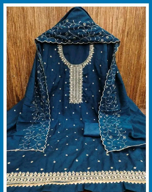 Heavy Vichitra Embroidered Dress Material With Heavy Neck And Lace (Unstitched)