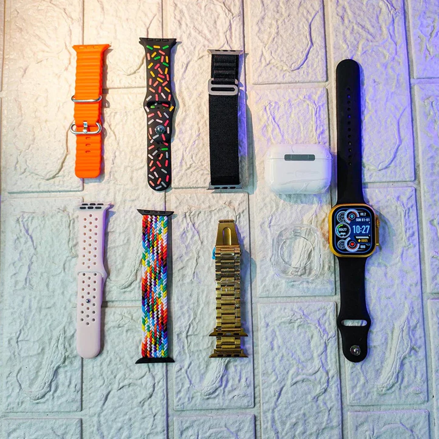 Set Ultra Smart Bluetooth Calling Smartwatch 10 In1 + Earphones With Transparent Screen Guard Watch With Seven Classic Straps (Mix Color)