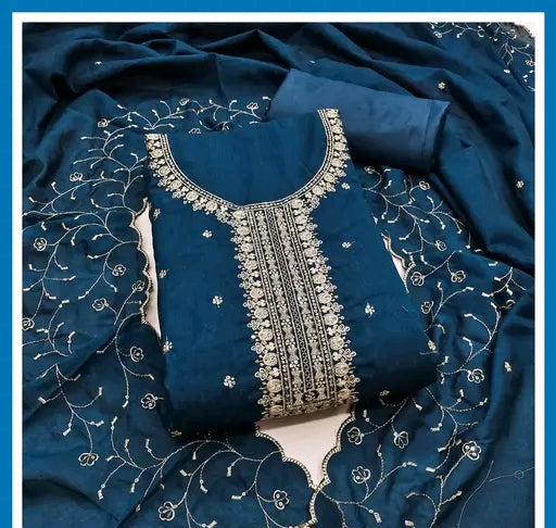 Heavy Vichitra Embroidered Dress Material With Heavy Neck And Lace (Unstitched)