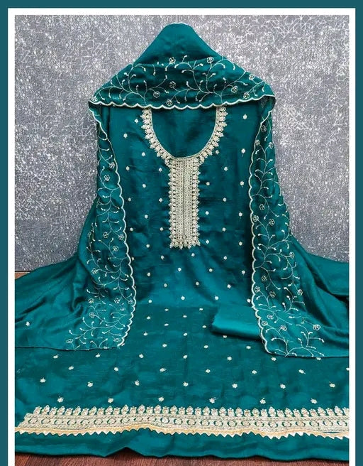 Heavy Vichitra Embroidered Dress Material With Heavy Neck And Lace (Unstitched)