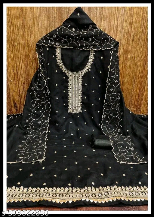 Heavy Vichitra Embroidered Dress Material With Heavy Neck And Lace (Unstitched)