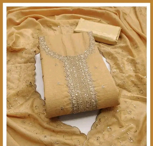 Heavy Vichitra Embroidered Dress Material With Heavy Neck And Lace (Unstitched)