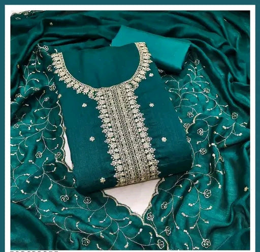 Heavy Vichitra Embroidered Dress Material With Heavy Neck And Lace (Unstitched)