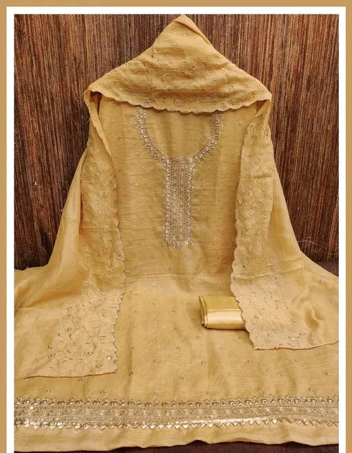 Heavy Vichitra Embroidered Dress Material With Heavy Neck And Lace (Unstitched)