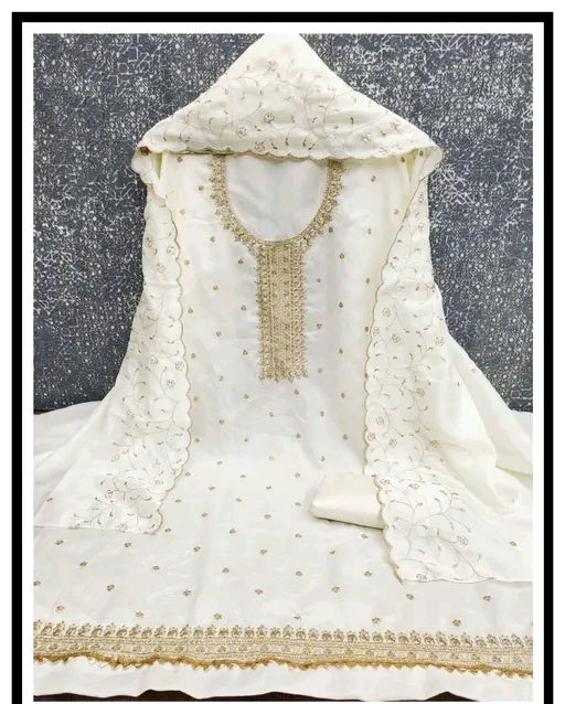 Heavy Vichitra Embroidered Dress Material With Heavy Neck And Lace (Unstitched)