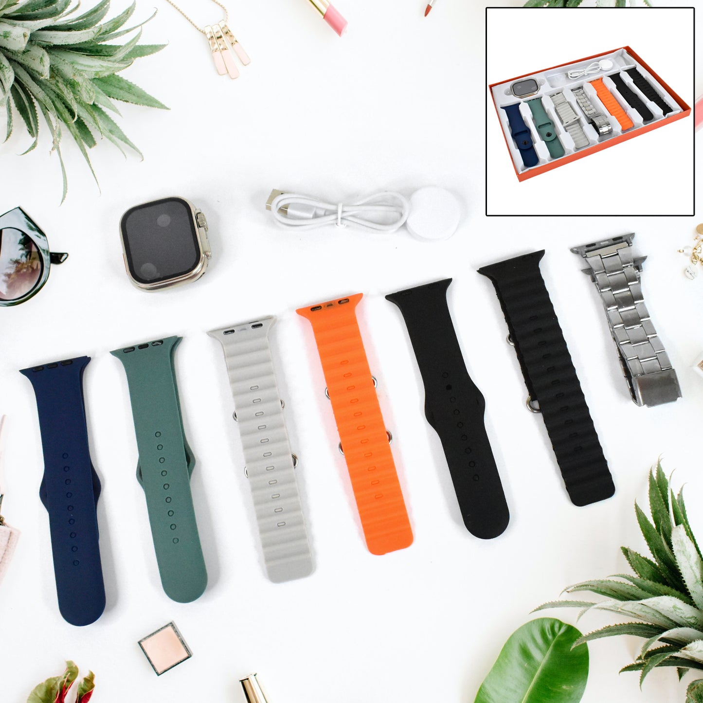 Ultra Smart Watch 7 In 1 Combo With Seven Classic Straps  Transparent Screen Guard (1 Set  Mix Color)